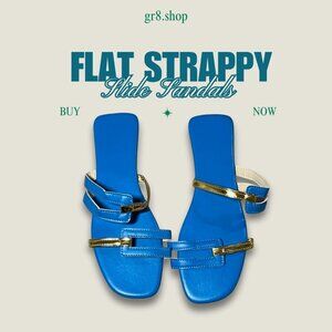 Womens Blue & Gold Flat Strappy Slide Sandals Size 8.5 Square Toe Casual Summer